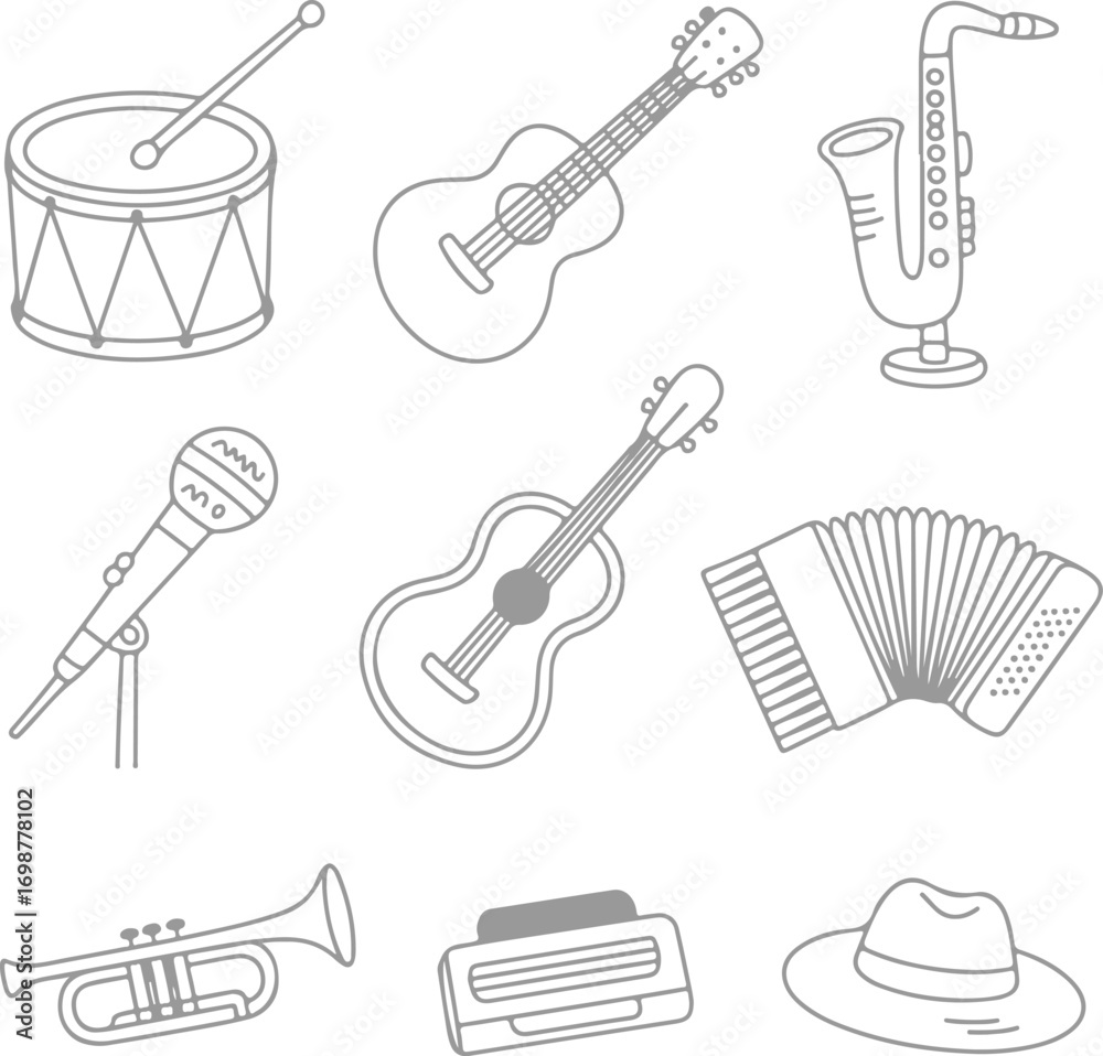 Fototapeta premium Outline Illustration Set of Diverse Musical Instruments and Accessories Vector Pack