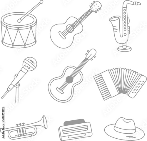 Outline Illustration Set of Diverse Musical Instruments and Accessories Vector Pack