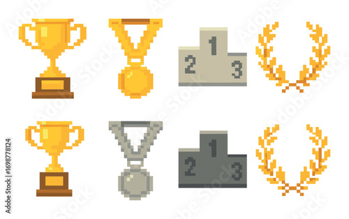 Pixel art trophies and medals with podium and laurel wreaths