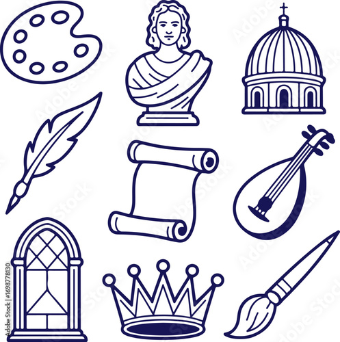 Collection of artistic and historical symbols including a palette, bust, scroll, and crown