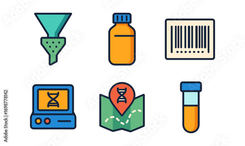 Colorful icons representing biotechnology and laboratory equipment