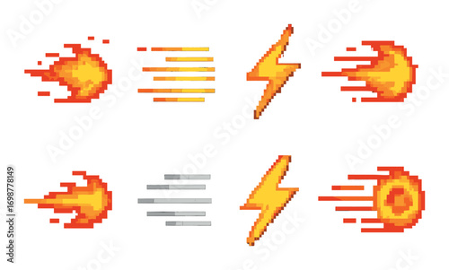 Pixel art energy icons: fire, lightning, speed, power effects on dark background