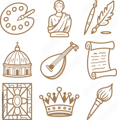 Hand-drawn collection of vintage icons representing classic art, culture, and royalty
