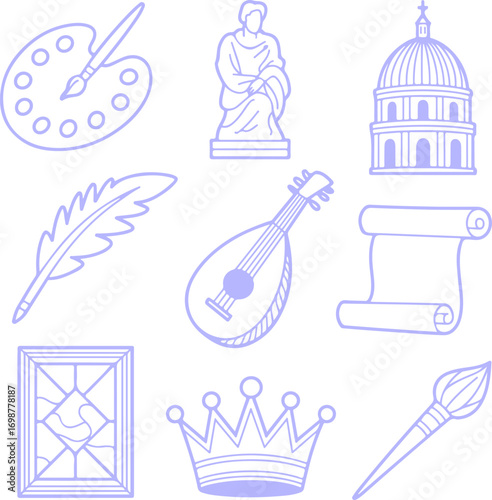 Collection of historical art and culture icons in a simple line drawing style