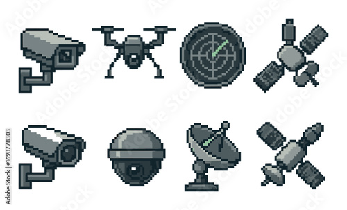 Pixel art surveillance and communication: cameras, drone, radar, satellites, dish