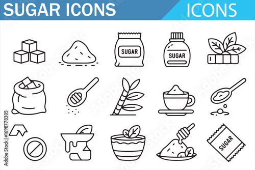 Food and drink sugar icons collection vector outline for bakery and dessert themes