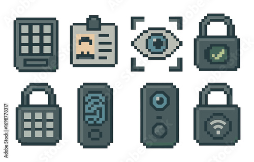 Retro-style security icons with padlocks and biometrics on beige background