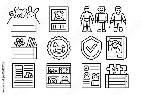 Toy Wholesale Icons. Line style icons of wholesale toys: box of stuffed animals, toy packaging with barcode, action figures bundle