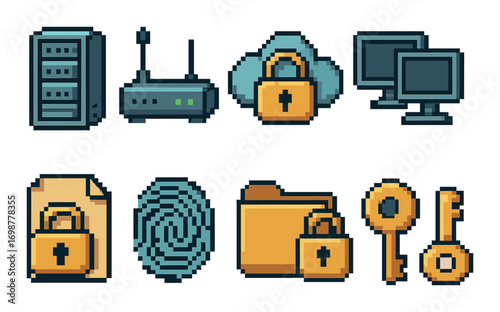 Pixel art icons of cybersecurity elements including servers, locks, and cloud