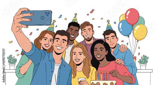 A Diverse Group of Friends Takes a Selfie at a Birthday Party