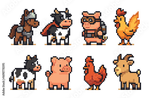 Pixel art farm animals: horse, cow, pig, chicken, goat in pixel style