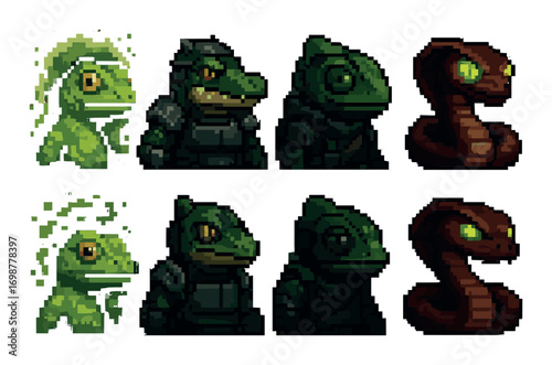 Pixel art animation: diverse reptile and amphibian characters with chameleon and snake
