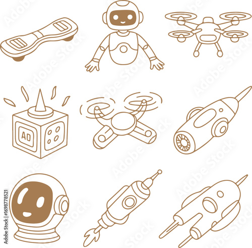 Collection of Modern Futuristic Technology Gadgets and Robotics in Outline Doodle Style