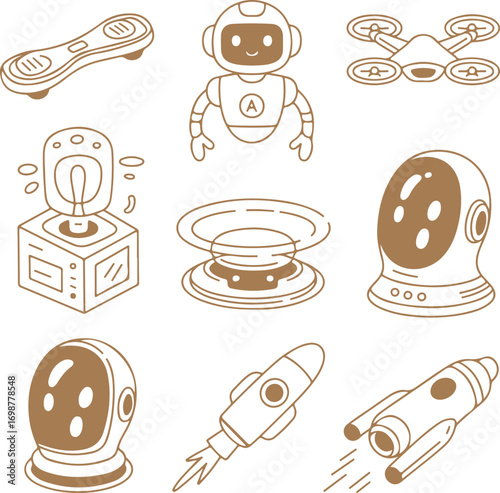 Collection of futuristic technology and space exploration doodle icons set. Hand-drawn vector illustrations
