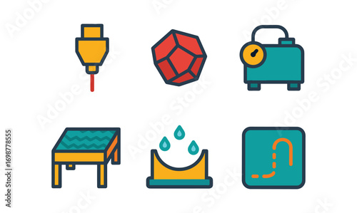 Colorful line icons of 3d printer, geometric shape, engine, table, liquid, path