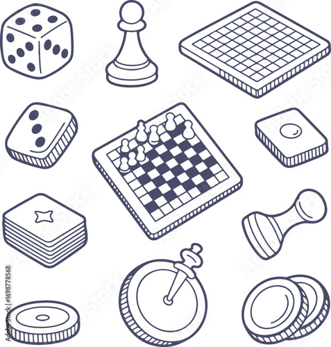 Collection of various board game pieces and accessories, including dice and playing cards