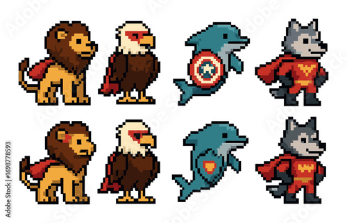 Pixel art animals: lion, eagle, dolphin, wolf in superhero costumes