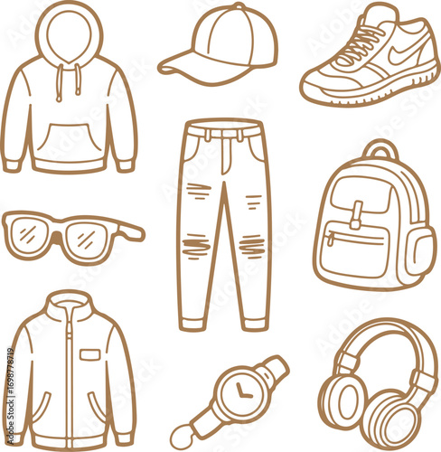 Hand drawn collection of modern urban fashion apparel and accessory doodle icons set