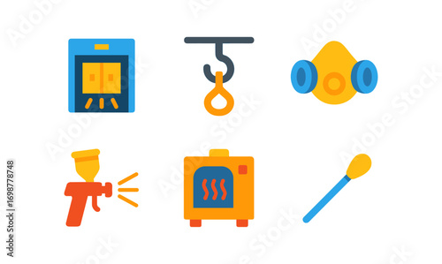 Colorful industrial icon set: equipment, gas mask, tools in flat design