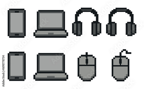 Pixel art electronics: smartphone, laptop, headphones, and mouse in monochrome