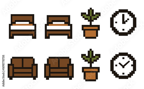Retro pixel art furniture and home decor elements with warm tones