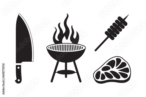 Grilling and cooking icons knife grill skewer and steak