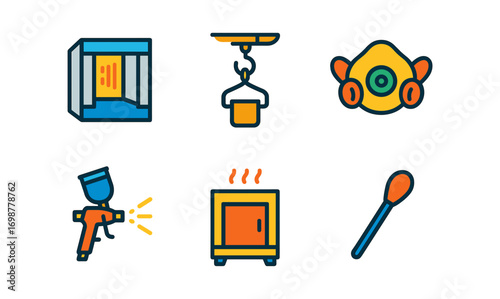 Industrial equipment icons: paint booth, n95 mask, spray gun, and crucible in flat style