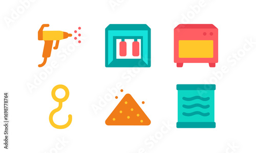 Industrial equipment icons: spray gun, dryer, oven, hook, powder, cylinder in flat style