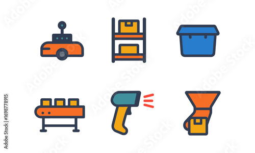 Colorful linear icons for modern warehouse and automation equipment