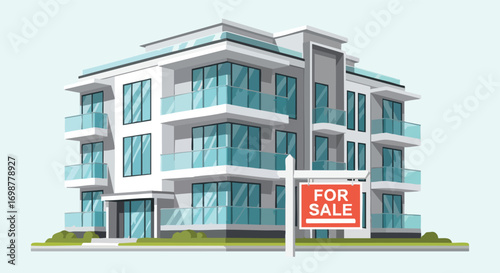Modern Apartment Building with a "For Sale" Sign