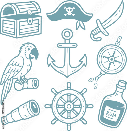Hand-drawn outline illustration set of classic pirate and maritime adventure symbols
