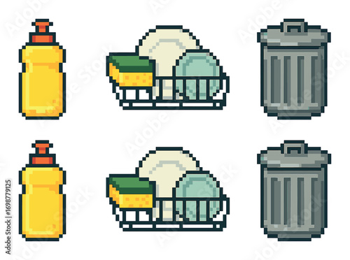 Pixel art kitchen utensils with soap bottle, dishes, and trash can