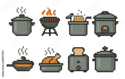 Pixel art cooking appliances collection with diverse kitchen equipment illustrations