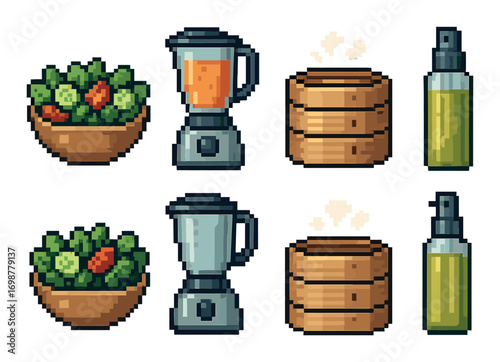 Pixel art kitchen set with blenders, salad bowls, steamers, and oil containers