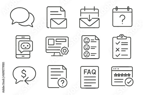 Customer Service Icons. Line style icons of customer service tools: live chat bubble, support ticket form, email response icon,