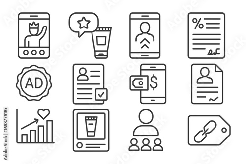 Influencer Collaboration Icons. Line style icons of influencer collaboration: influencer shoutout post, product review icon, story