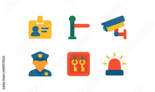 Security elements set featuring camera, badge, police, alarm, and keys in flat design
