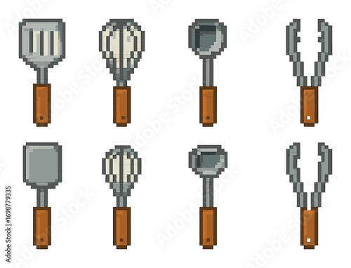 Pixel art kitchen utensils: spatula, whisk, ladle, and tongs on yellow background