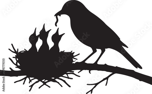 Bird feeding chicks in nest on branch vector