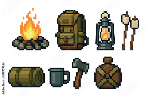 Pixel art camping gear: backpack, lantern, campfire, and survival tools