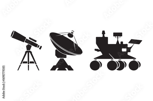 Silhouette of a telescope satellite dish and mars rover
