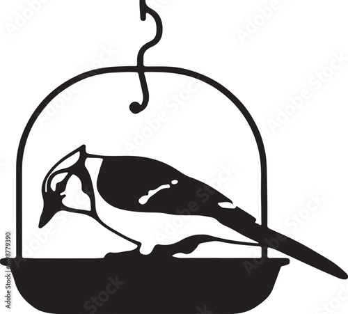 Bird feeding from hanging feeder black and white silhouette