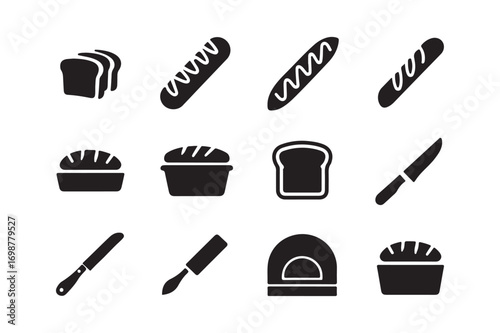Collection of black and white bakery and bread icons