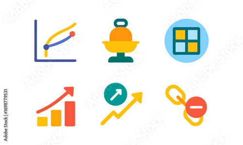 Colorful flat icons for business and finance growth, collaboration, and productivity