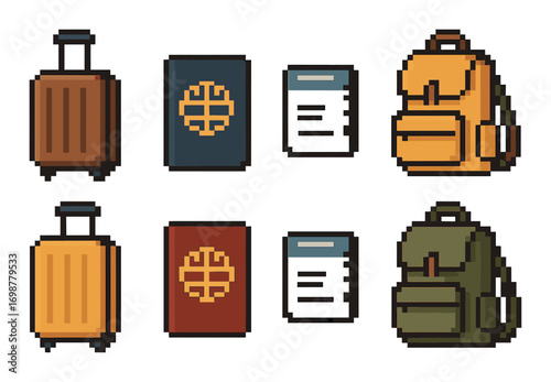 Pixel art travel essentials with luggage, passports, tickets, and backpacks on yellow background