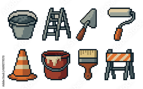Pixel art construction tools collection with paint, roller, trowel, and ladder