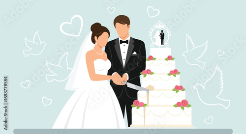 Bride and Groom Cutting Their Wedding Cake at a Reception