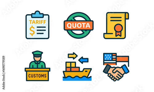 International trade and customs icons in flat design for business presentations