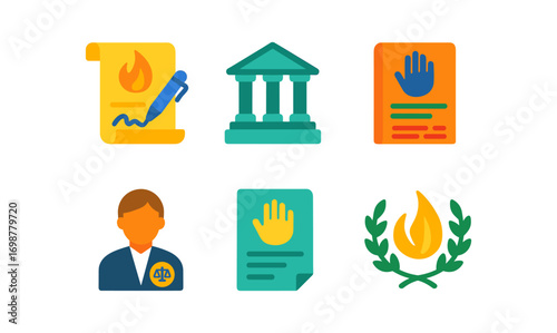 Colorful legal and justice icons set featuring documents and symbols