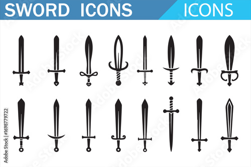 Martial arts sword icons black silhouette pack for combat and warrior themes